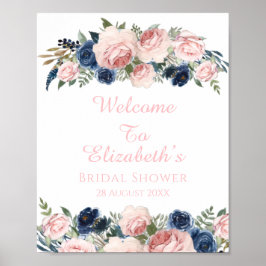 Blush Navy Blue Floral Brautparty Begrüßungszeiche Poster