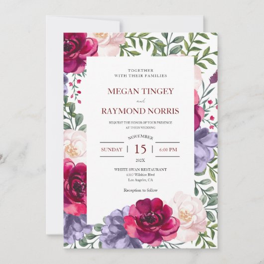 Blush & Navy Blue Floral Frame Wedding Einladung (Vorderseite)