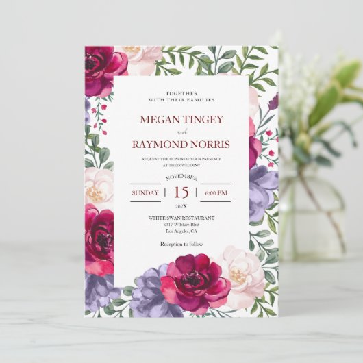 Blush & Navy Blue Floral Frame Wedding Einladung (Stehend Vorderseite)