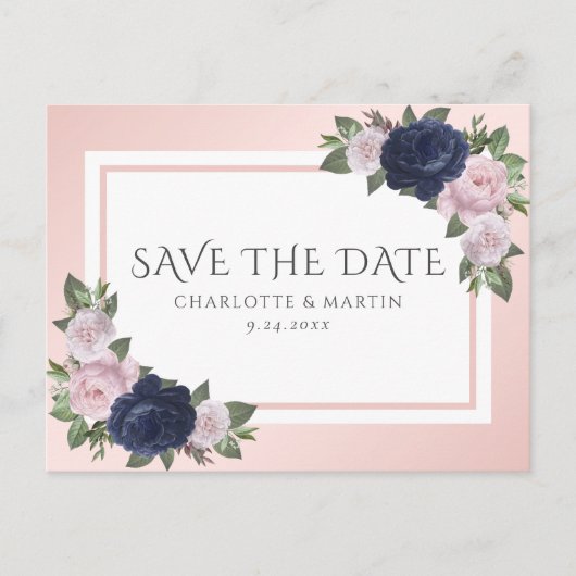 Blush Navy Blue Floral Hochzeit speichern das Datu Ankündigungspostkarte (Vorderseite)