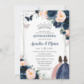 Blush Navy Blue Floral Silver Twins Quinceañera Einladung (Vorderseite)