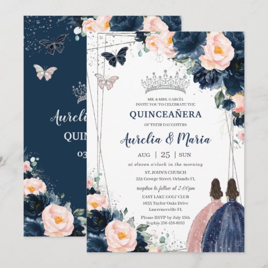 Blush Navy Blue Floral Silver Twins Quinceañera Einladung (Vorne/Hinten)