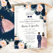 Blush Navy Blue Floral Twins Boy Girl Quinceañera Einladung