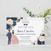Blush Navy Blue Floral Twins Boy Girl Quinceañera Save The Date (Stehend Vorderseite)