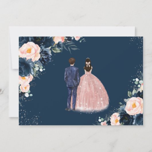 Blush Navy Blue Floral Twins Boy Girl Quinceañera Save The Date (Rückseite)