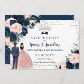 Blush Navy Blue Floral Twins Boy Girl Quinceañera Save The Date (Vorne/Hinten)