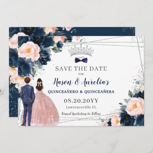 Blush Navy Blue Floral Twins Boy Girl Quinceañera Save The Date (Vorne/Hinten)