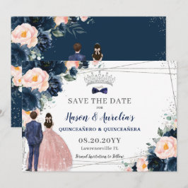 Blush Navy Blue Floral Twins Boy Girl Quinceañera Save The Date