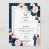 Blush Navy Blue Floral Twins Quinceañera Menü Programm (Vorne/Hinten)