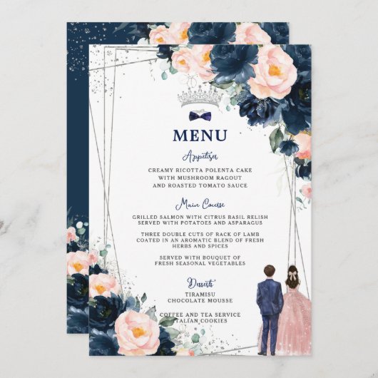 Blush Navy Blue Floral Twins Quinceañera Menü Programm (Vorne/Hinten)