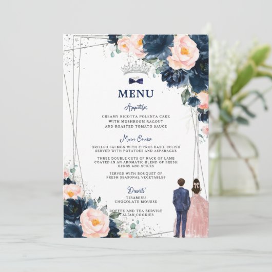 Blush Navy Blue Floral Twins Quinceañera Menü Programm (Stehend Vorderseite)