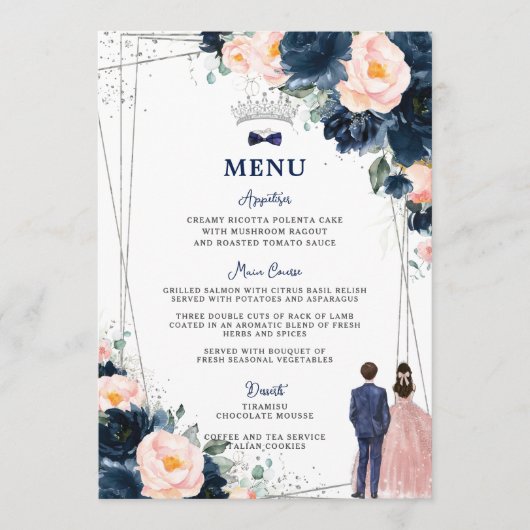Blush Navy Blue Floral Twins Quinceañera Menü Programm (Vorderseite)