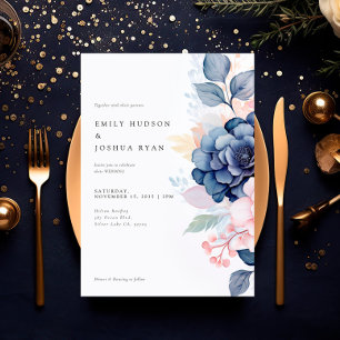 Blush Navy Blue Floral Wedding Einladung