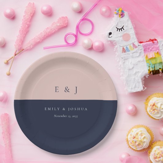 Blush Navy Blue Moderne Hochzeit Pappteller (Party)