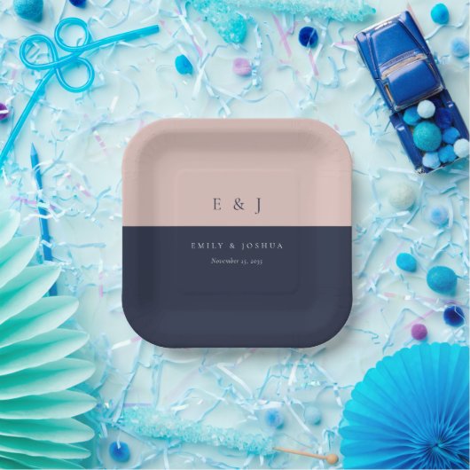 Blush Navy Blue Moderne Hochzeit Pappteller (Party)