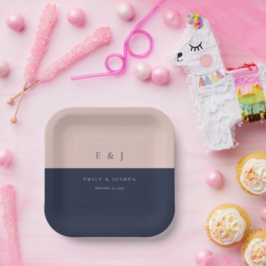 Blush Navy Blue Moderne Hochzeit Pappteller (Party)