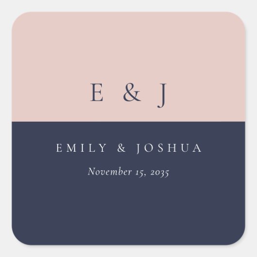 Blush Navy Blue Moderne Hochzeit Quadratischer Aufkleber (Vorderseite)