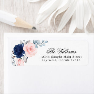 Blush & Navy Blue Rose Rücksendeadressen-Aufkleber