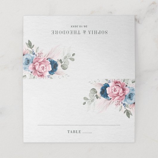 Blush Navy Blue Soft Pastel Pink Blues Hochzeit Platzkarte (Außenseite Aufgefaltet)