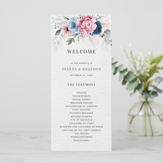 Blush Navy Blue Soft Pastel Pink Blues Hochzeit Programm (Stehend Vorderseite)