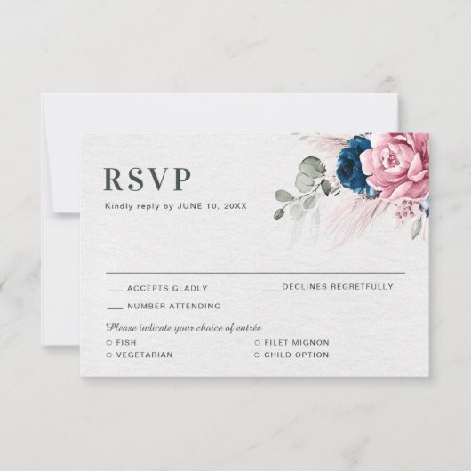 Blush Navy Blue Soft Pastel Pink Blues Hochzeit RSVP Karte (Vorderseite)