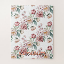 Blush Navy Blue Soft Pastel Pink Floral Puzzle