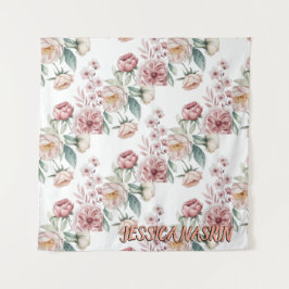 Blush Navy Blue Soft Pastel Pink Floral Wandteppich