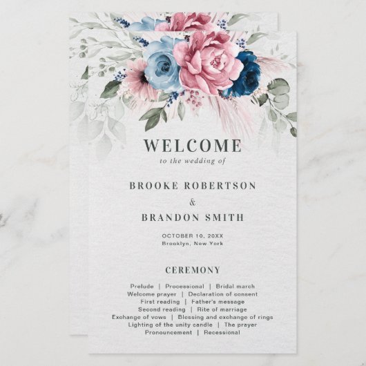 Blush Navy Blue Soft Pastel Pink Hochzeitsprogramm (Vorne/Hinten)