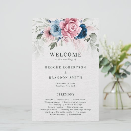 Blush Navy Blue Soft Pastel Pink Hochzeitsprogramm (Stehend Vorderseite)