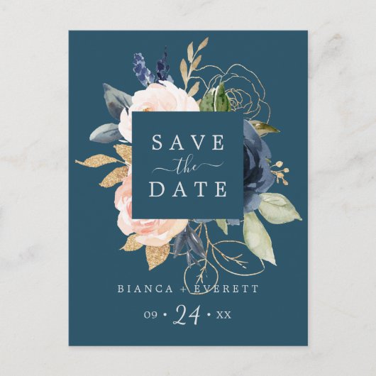 Blush & Navy Blume Blau Save the Date Postkarte (Vorderseite)