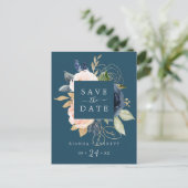 Blush & Navy Blume Blau Save the Date Postkarte (Stehend Vorderseite)