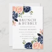 Blush & Navy Blume Brautparty Brunch & Bubbly Einladung (Vorderseite)