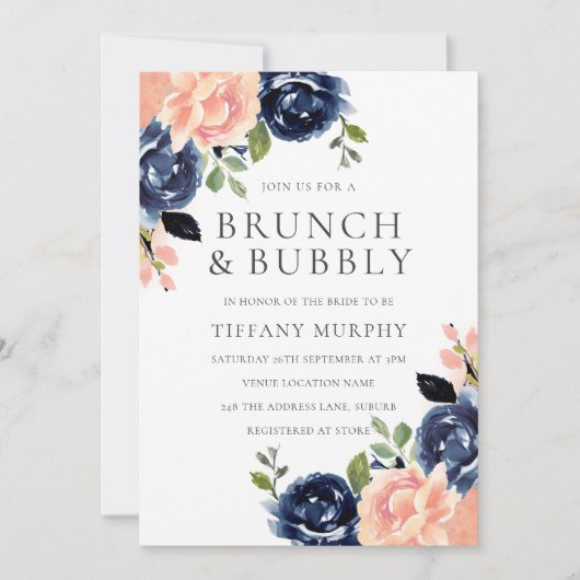 Blush & Navy Blume Brautparty Brunch & Bubbly Einladung (Vorderseite)