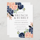 Blush & Navy Blume Brautparty Brunch & Bubbly Einladung (Vorne/Hinten)