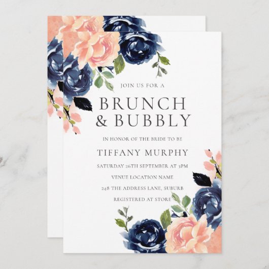 Blush & Navy Blume Brautparty Brunch & Bubbly Einladung (Vorne/Hinten)