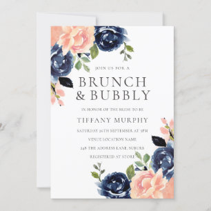 Blush & Navy Blume Brautparty Brunch & Bubbly Einladung