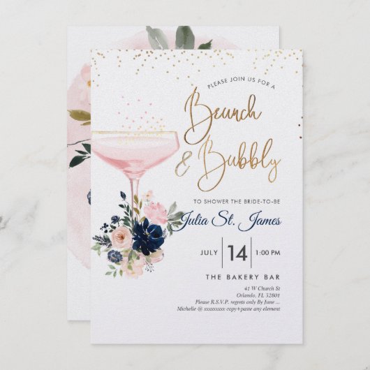 Blush+Navy Blume Brunch Bubbly Pink Champagne Einladung (Vorne/Hinten)