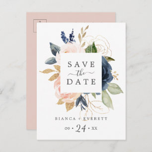 Blush & Navy Blume Weiß Save the Date Postkarte