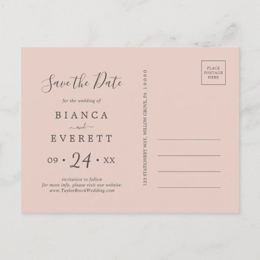 Blush & Navy Blume Weiß Save the Date Postkarte (Rückseite)