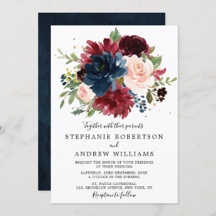 Blush Navy Botanische Blumenhochzeit in Burgund Einladung