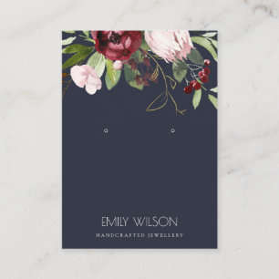 BLUSH NAVY BURGUNDY PROTEA FLORAL EARRING ANZEIGE VISITENKARTE