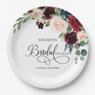 Blush Navy Burguny Marsala Floral Brautparty Pappteller