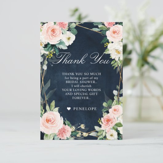 Blush Navy Dusty Blue Botanical Brautparty Dankeskarte (Stehend Vorderseite)