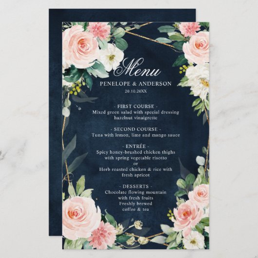 Blush Navy Dusty Blue Botanical Wedding Menu (Vorne/Hinten)