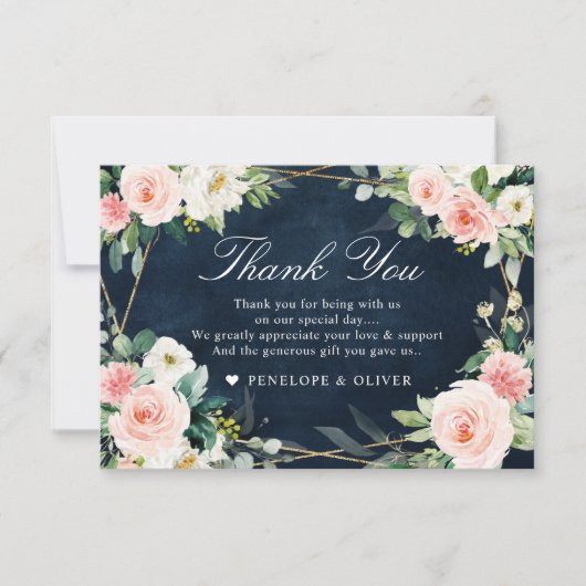 Blush Navy Dusty Blue Floral Botanical Wedding Dankeskarte (Vorderseite)