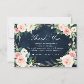 Blush Navy Dusty Blue Floral Botanical Wedding Dankeskarte