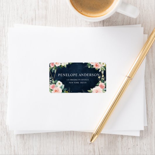 Blush Navy Dusty Blue Floral Geometric Botanical Adressaufkleber (Insitu)