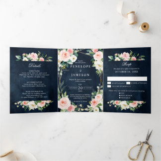 Blush Navy Dusty Blue Floral Geometric Botanical Dreifach-gefaltete Programmkarte