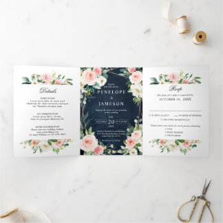 Blush Navy Dusty Blue Floral Geometric Botanical Dreifach-gefaltete Programmkarte