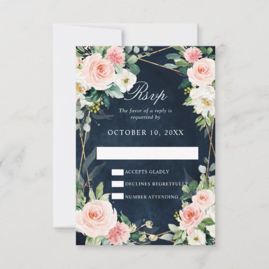 Blush Navy Dusty Blue Floral Geometric Botanical RSVP Karte (Vorderseite)